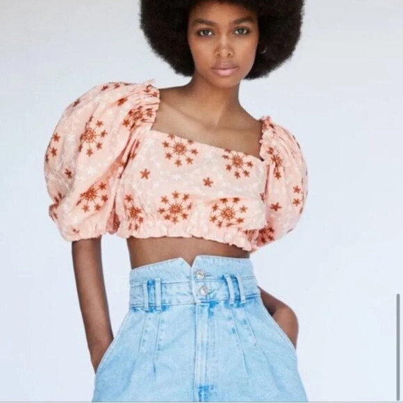 Zara Embroidered Voluminous Puff Sleeve Cropped Top - Picture 1 of 12